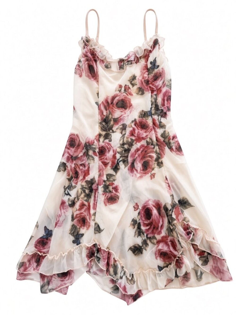 Sheer Floral Rose Print Babydoll Camisole Slip – Size M Ruffle Nightgown